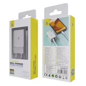 Cargador de Red KAI 2 USB Con Smart Chip, Con Cable Type-C, 2.4A, Blanco