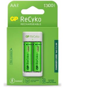 CARGADOR DE PILAS GP AA + 2 PILAS AA RECARGABLES 1300MAH