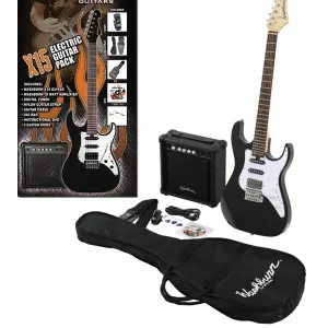 PACK DE GUITARRA ELÉCTRICA STRATOCASTER AFINADOR CORREA AMPLIFICADOR FUNDA PLECTROS CABLE NEGRO WASHBURN X15BPAKEAU